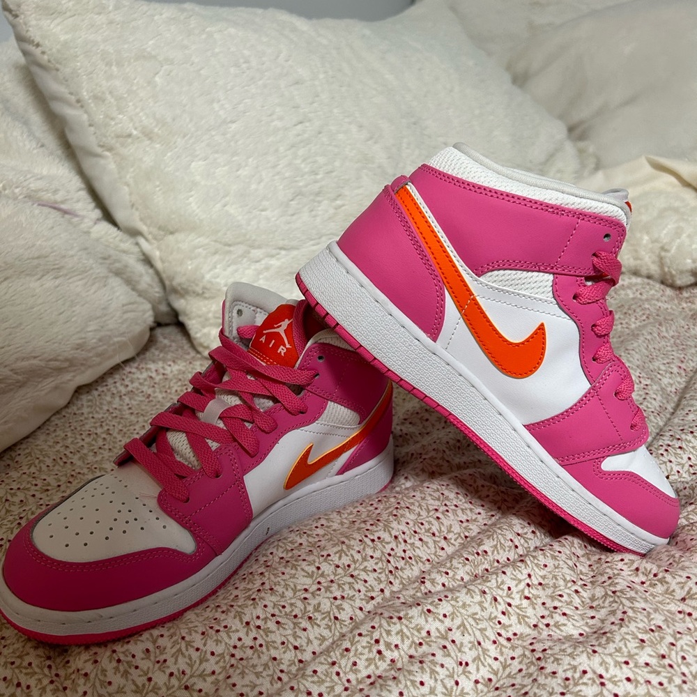 Big Kid's Jordan 1 Mid Pinksicle/Safety Orange-White